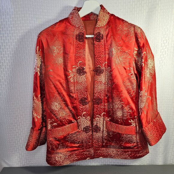 Vintage Chinese Red Silk Jacket With Gold Embroidery & Frog Buttons - Picture 1 of 5
